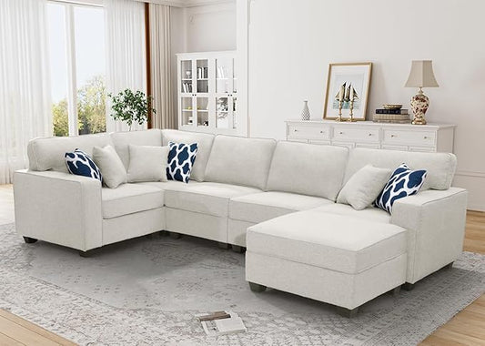 L Lengend Vansen Modular Sectional Sofa U Shaped Couch with Ottoman Modern Reversible Corner Sectional Couch for Living Room (Cream, U Shaped Sofa-1)-CasaMuseHome