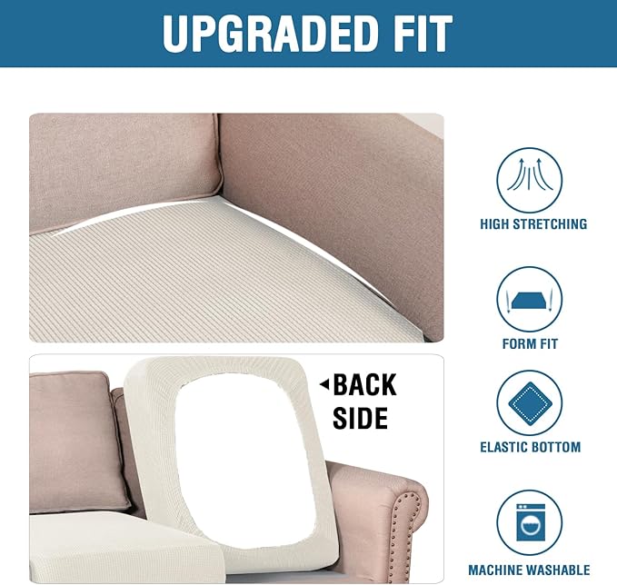 H.VERSAILTEX Super Stretch Individual Seat Cushion Covers Sofa Covers Couch Covers Slipcover Sets Thick Jacquard Textured Twill Fabric (3 Piece XL Sofa Cushion Covers, Porcelain)-CasaMuseHome