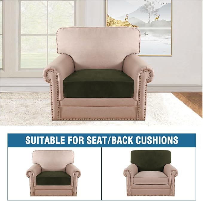 H.VERSAILTEX Velvet Stretch Couch Cushion Cover Plush Cushion Slipcover for Chair Cushion Furniture Protector Seat Cushion Sofa Cover (1 Piece Armchair Cushion Covers, Olive)-CasaMuseHome
