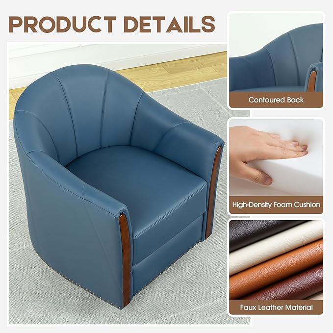 360° Swivel Accent Chair, Modern Leather Barrel Club Chair with Leather Upholstery and Sturdy Wood Base, Comfortable Armchair for Living Room, Bedroom, Reading Nook, Blue-CasaMuseHome