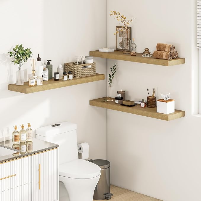 12 Inch Deep Floating Shelves 36 inch Long, 36 x 12 Wide Wall Shelves with Invisible Brackets, Heavy Duty Shelf for Bedroom Bathroom Living Room Kitchen Office Home Decor, Modern Shelf Set of 2, Oak-CasaMuseHome