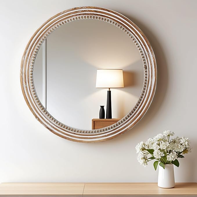 24 Inch Rustic Round Mirror - Farmhouse Vintage Bathroom Vanity Mirror, Wall-Mounted Round Mirrors for Bathroom Sink, Bedroom & Living Room and Framed Decorative Restroom Mirror-CasaMuseHome