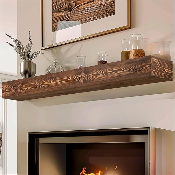 60x8x5 Fireplace Mantel - Handcrafted Hollow Rustic Solid Wood Wall Mounted Floating Shelf with Invisible Heavy Duty Wood Bracket (Weathered Brown)-CasaMuseHome