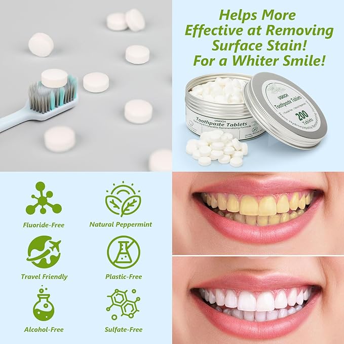 200 Pcs Toothpaste Tablets - Nano Hydroxyapatite Natural Whitening, Reduce Sensitivity,Fluoride & Plastic Free, Eco Friendly & Travel Mouthwash Tablets-CasaMuseHome