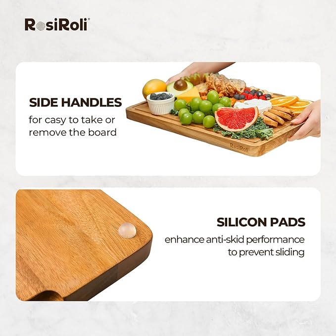 Acacia Wood Cutting Board for Kitchen, 3 Set with Holder - FSC Certified Large Wood Charcuterie Cheese Board with Handles and Juice Grooves, Wooden Chopping Block, Ideal Gift Set of 3 (S/M/L)-CasaMuseHome