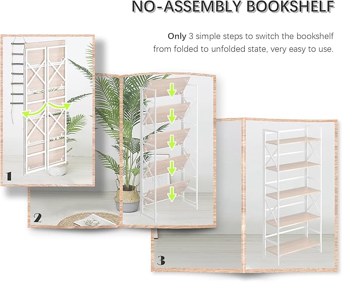 4NM 5 Tiers No Assembly Book Shelves, 51.2" H Folding Bookshelf Bookcase Open Industrial Foldable Shelves for Bedroom, Living Room, Home Office - Natural White-CasaMuseHome
