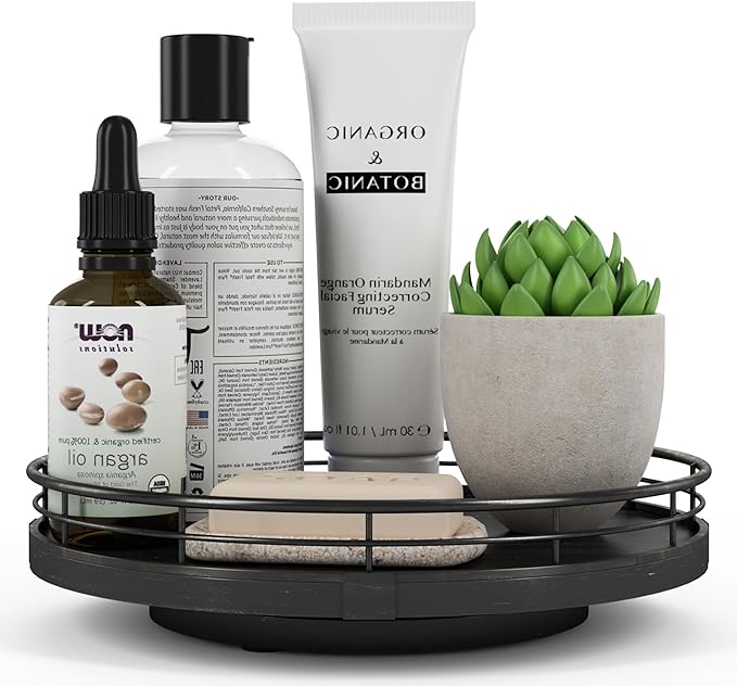 9" Oak Bathroom Vanity Tray Turntable for Perfume Candle, Round Wooden Decorative Tray for Kitchen Sink Countertop Organizer, Bathroom Counter Organizer for Skincare Makeup, Farmhouse Black Gold-CasaMuseHome