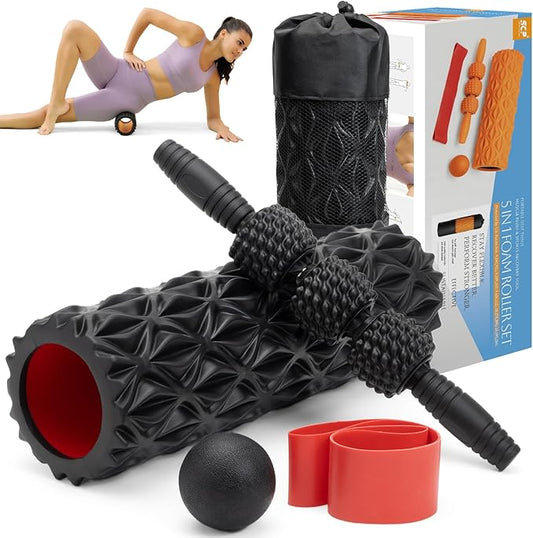 5 in1 Foam Roller Set, Trigger Point Foam Roller, Massage Roller Stick, Massage Ball, Resistance Band for Deep Muscle Massage Pilates Yoga,Fitness Exercise for Whole Body (Pure Black)-CasaMuseHome
