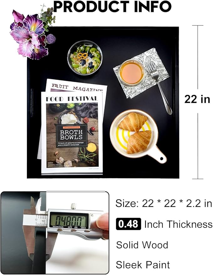 22 Inches Square Wood Ottoman Tray Black, Extra Large Wooden Serving Tray with Handles for Living Room, Serving Food Breakfast, Ottoman Coffee Table Couch Sofa Kitchen-CasaMuseHome