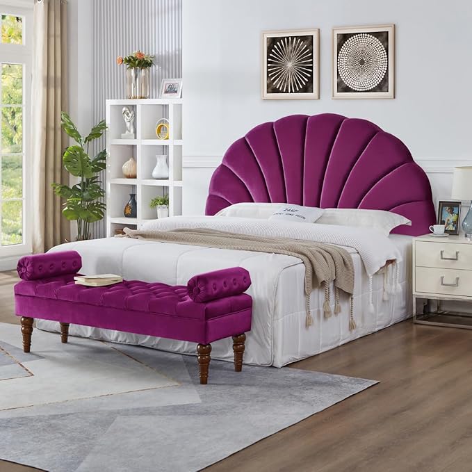 24KF Stunning Crown Design King Headboard, Upholstered Soft Velvet Petal Pattern Headboard King/CA King-Violet-CasaMuseHome