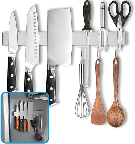 14 Inch Magnetic Knife Holder for Refrigerator - Knife Magnetic Strip for Fridge with Magnetic Hooks - Double Sided Magnetic Knife Bar - Stainless Steel Kitchen Magnetic Knife Hanger Rack-CasaMuseHome