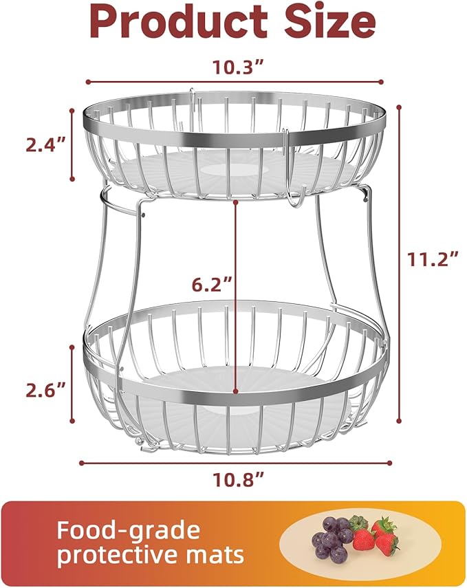 2 Tier Fruit Basket for Kitchen Counter with 2 Banana Hangers, Metal Stackable Fruit Bowl for Kitchen Counter for Bread Vegetable Fruits, Silvery-CasaMuseHome