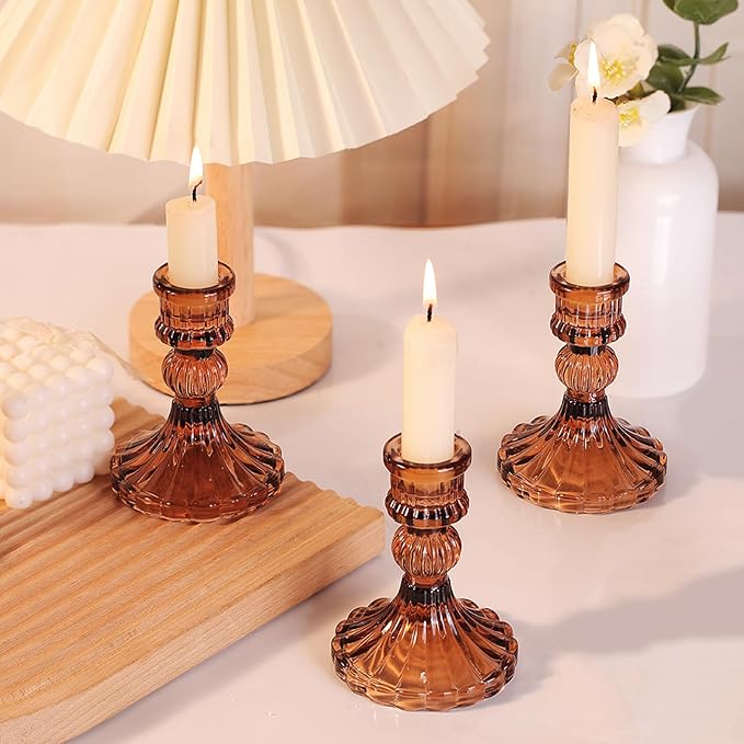 12PCS Amber Candlestick Holders Set- 4" H Taper Candle Holders, Glass Candle Holders Bulk for Wedding, Party, Fall Home Table Centerpieces, Festival Gifts & Windowsill Decor-CasaMuseHome