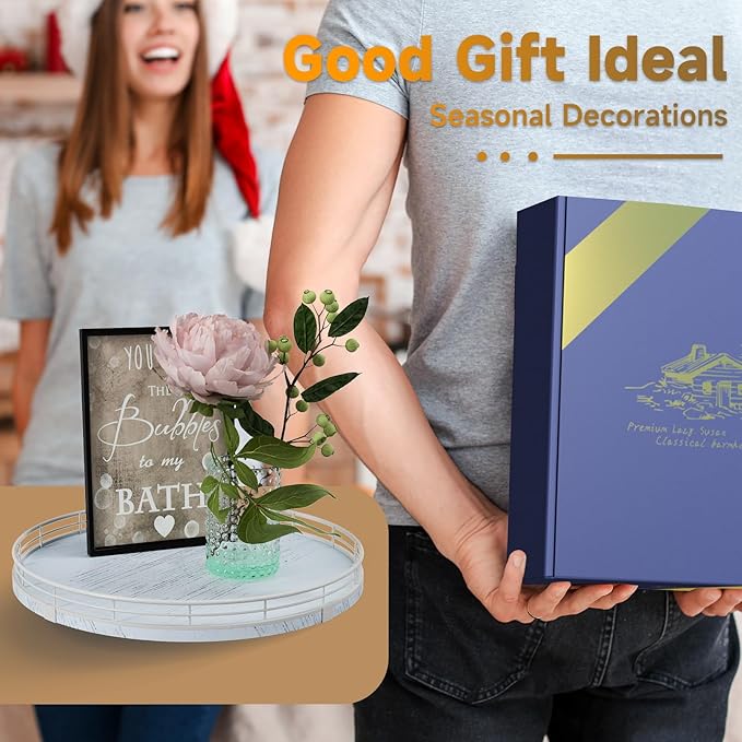 13" Oak Bathroom Vanity Tray Turntable for Perfume Candle, Round Wooden Decorative Tray for Kitchen Sink Countertop Organizer, Bathroom Counter Organizer for Skincare Makeup, Rustic White-CasaMuseHome