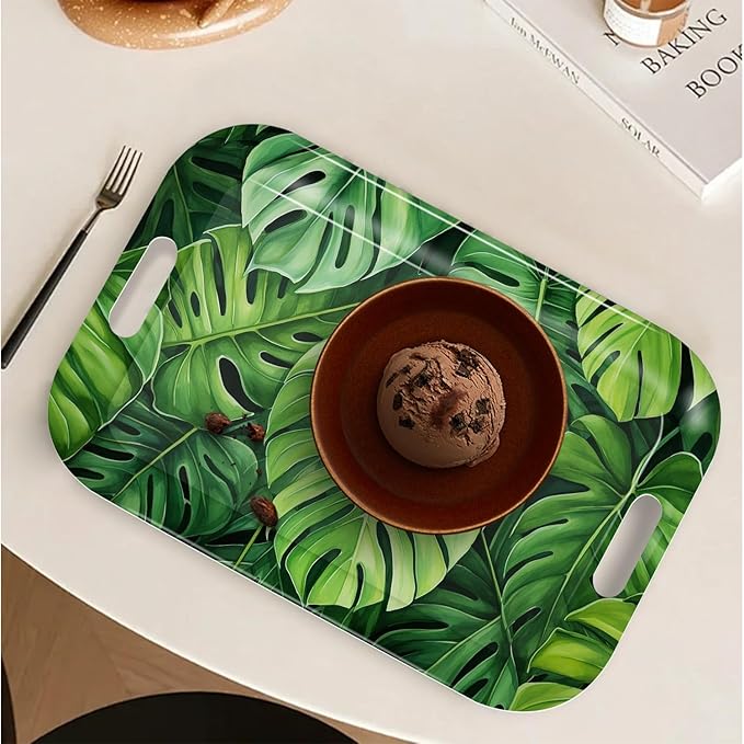 Serving Trays with Handles, 14.5 x 9.8 inch Rectangular Plastic Tray for Restaurant, Kitchen, Tropical Leaf Pattern Monstera in The Style-CasaMuseHome