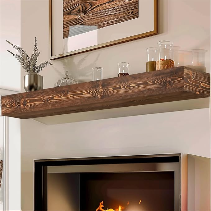 72x8x5 Fireplace Mantel - Handcrafted Hollow Rustic Solid Wood Wall Mounted Floating Shelf with Invisible Heavy Duty Wood Bracket (Weathered Brown)-CasaMuseHome
