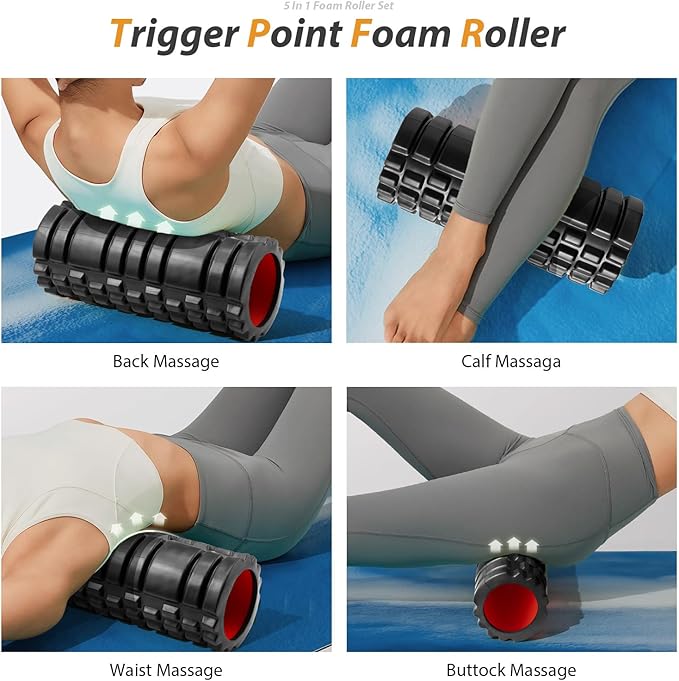 5 in1 Foam Roller Set, Trigger Point Foam Roller, Massage Roller Stick, Massage Ball, Resistance Band for Deep Muscle Massage Pilates Yoga,Fitness Exercise for Whole Body (Black-Red)-CasaMuseHome