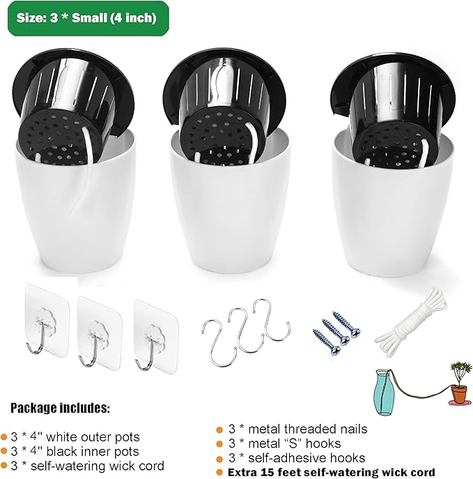 3 Pack Self Watering Wall Hanging Planter Pots Vertical Garden Window Hang Mount Indoor Outdoor Plant Flower Basket for Kitchen Herbs Balcony Railing Shelf Fence Bedroom Trellis Decor Modern White Box-CasaMuseHome