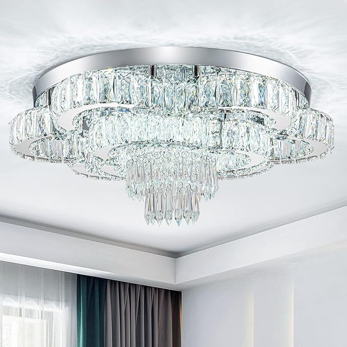21 Inch Crystal Chandelier LED Flush Mount Ceiling Light Fixtures Luxury Chandeliers for Living Room Bathroom Bedroom Entrance Dining Room(Cool White)-CasaMuseHome