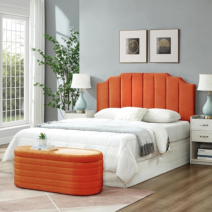 24KF Orange Teddy Fabric Tufted for Queen Upholstered Headboard, Modern Vertical Channel Design Full Headboard with Stepped Silhouette Top Edge,6026-Q-Teddy Orange-CasaMuseHome
