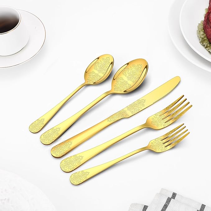 40 Pcs Gold Silverware Set for 8 with Classical Flower Embossed Design, Food Grade Stainless Steel Flatware Set, Eating Utensils Sets Include Fork/Knife/Spoon, Cutlery Set, Dishwasher Safe-CasaMuseHome
