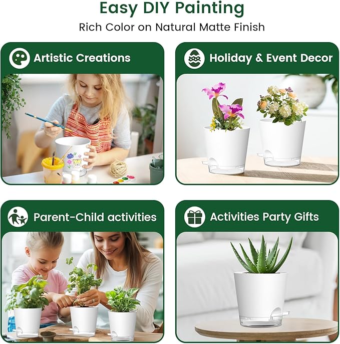 6 inch Self Watering Pots for Indoor Outdoor Plants, 6 Pack Flower Plant Pots with Drainage Holes and Clear Reservoirs, Visible Water Level, Plastic Planters with Wicking Rope, White-CasaMuseHome