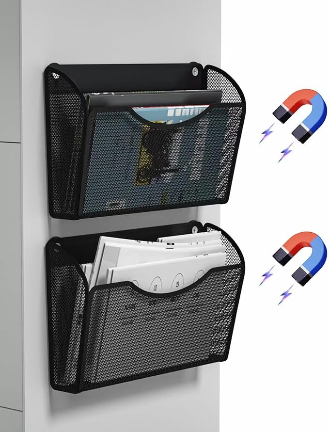 2 Pack 1-Tier Magnetic File Holder - No Drilling Installation File Organizer, Large Capacity Magnetic File Holder for Refrigerator, File Cabinets, Whiteboard, Office, Kitchen-CasaMuseHome