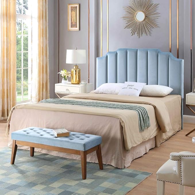 24KF Seaglass Velvet Tufted Queen Upholstered Headboard, Modern Vertical Channel Design California Queen/Full Headboard with Stepped Silhouette Top Edge, Seaglass-CasaMuseHome