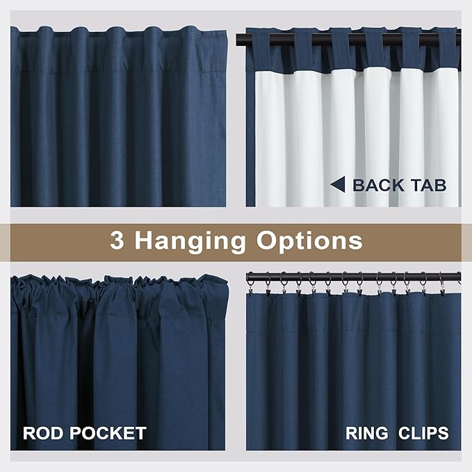 54 Inch Length Curtains for Bedroom Men Room Decor Darkening Back Tab Pleated Blackout Linen Insulated Curtain for Living Room Bathroom Wide Dark Navy Midnight Blue Drapes for Teen Boy 54 Long 2 Panel-CasaMuseHome