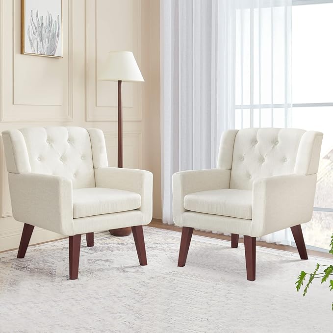 Accent Chair Button-Tufted Upholstered Living Room Chairs Comfy Reading Chair Mid Century Modern Chair with Linen Fabric Lounge Arm Chairs for Living Room Bedroom (Beige Set of 2)-CasaMuseHome