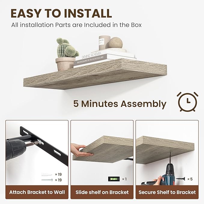 48 Inch Floating Shelves, 12 Inch Deep Floating Shelves for Wall, Floating Shelf with Invisible Brackets, 12 inch Deep Wall Shelves for Bathroom, Bedroom, Living Room, Vintage Gray Oak-CasaMuseHome