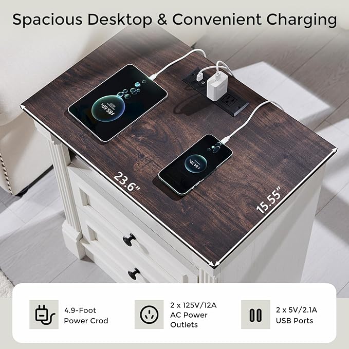 26" Tall Farmhouse Nightstand Set of 2, 3 Drawers End Table w/Charging Station, 23.6" Wide Large Side Table w/Roman Column, Wood Rustic Sofa Table for Bedroom, White-CasaMuseHome