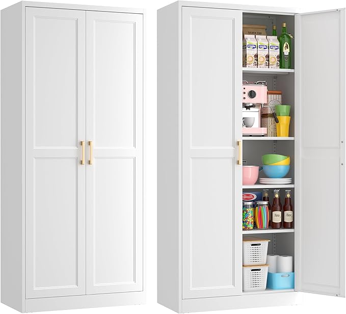 71" Tall Metal Pantry Cabinet, White Kitchen Pantry Storage Cabinet with 4 Adjustable Shelves and Gold Handles, Cupboard for Kitchen, Dining Room, Living Room, Bathroom-CasaMuseHome