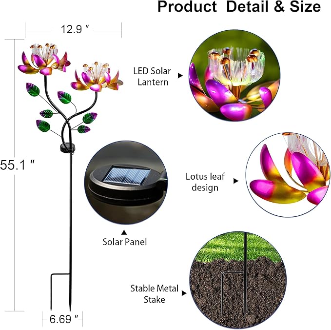 55'' Solar Powered Kinetic Wind Spinner Sculpture Pink Lotus Metal Stake Spinner for Patio, Lawn and Garden Decor Weather-Resistant Outdoor Art with Dual Lotus Design-CasaMuseHome