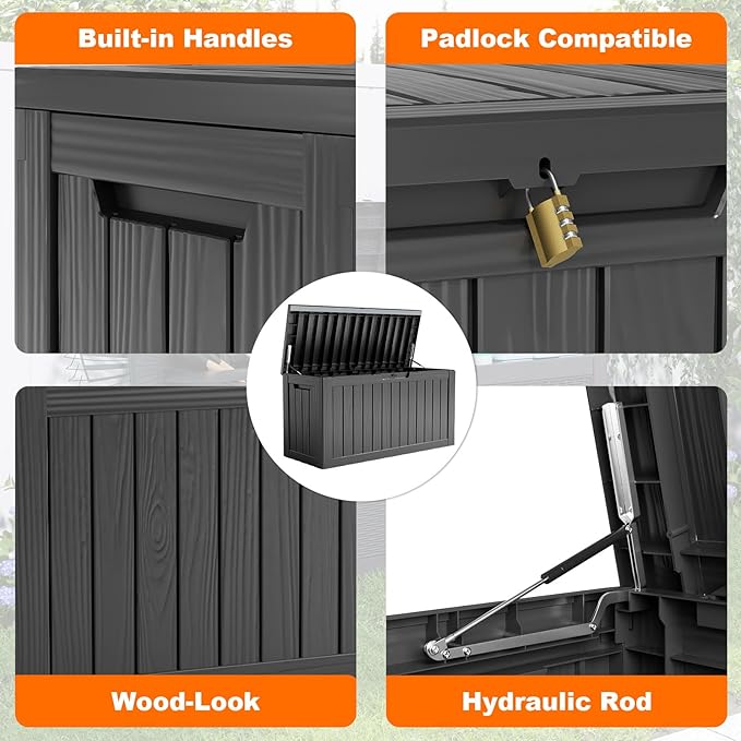 80 Gallon Resin Deck Box, Lockable Patio Outdoor Storage Box for Furniture, Garden Tools and Tools Storage, Waterproof Outside Storage Box - Black-CasaMuseHome