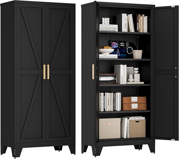 71'' Farmhouse Metal Storage Cabinet with Barn Doors,Steel File Cabinet for Home Office,Kitchen Pantry 4 Adjustable Shelves,Freestanding Cupboard for Kitchen,Home Office (Black)-CasaMuseHome