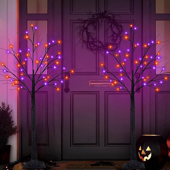 2Pack 4FT 100LED Black Halloween Tree Lights, Timer Function Halloween Trees with Purple and Orange Lights, Spooky Trees Light for Indoor Outdoor Halloween Decorations-CasaMuseHome