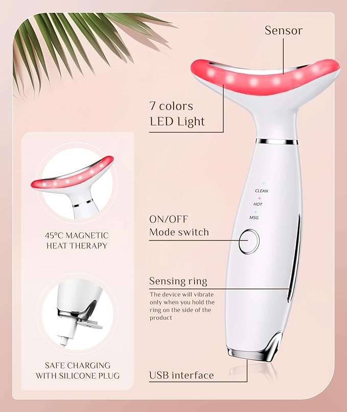 7 Color Galvanic Machines - Red Light Therapy for Face and Neck, Face Massager Tool for Wrinkles, Double Chin, Vibrating Facial Massager with Thermals, White-CasaMuseHome
