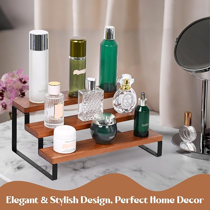 3 Tier Wooden Display Riser Stand Perfume Organizer with Metal Stand, Dessert Table Display Set, Food Display Stands for Party, Brown Rustic Solid Wood Shelf for Cupcakes, Perfume, Cologne, Spiece-CasaMuseHome