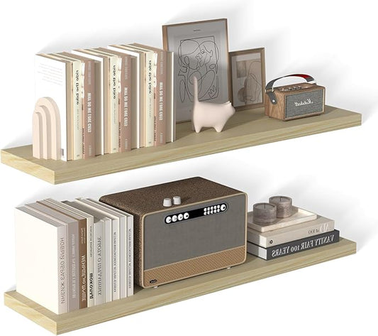 48 Inch Floating Shelf 2 Pack Large Floating Shelves for Wall No Drilling Accessories Included Deep Wall Shelves for Living Room Kitchen Farmhouse 48" W x 12" D x 1.2" Oak-CasaMuseHome