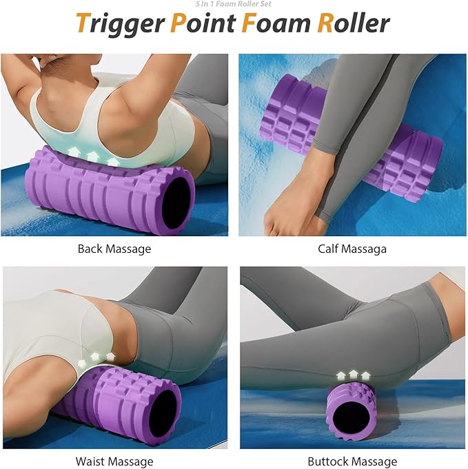 5 in 1 Foam Roller Set for Deep Tissue Muscle Massage, High Density Trigger Point Fitness Patented Exercise Foam Roller, Massage Roller, Massage Ball, Resistance Band, for Whole Body(Purple)-CasaMuseHome