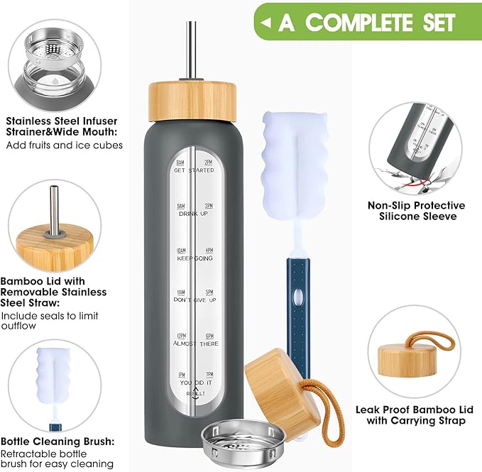 32 oz Glass Water Bottle with Straw - Motivational Time Marker & Silicone Sleeve - Reusable Tumbler Includes 2 Bamboo Lids & Fruit Infuser - 1 Pack-CasaMuseHome