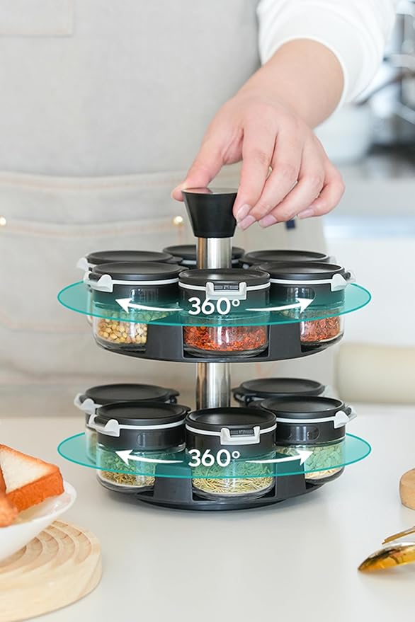 360 rotating 2 tier 12 jars spice rack (12 spice jars) Revolving Seasoning Organizer. Spinning Spice Rack for Counter top and Cabinet-CasaMuseHome