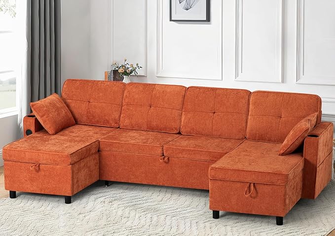 ACMEASE110“ Inches L-Shaped Pull Out Sofa Bed w/Storage Chaise & Adjustable Back, Chenille Sectional Sofa w/USB Port,Tufted Sleeper Couch w/Cup Holders for Living Room, Orange-CasaMuseHome