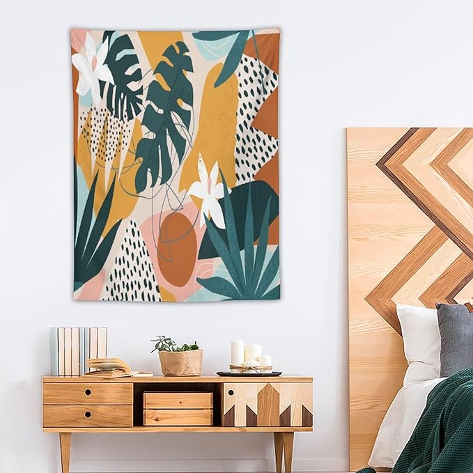Abstract Bohemian Mid Century Tapestry, Tropical Leaves Modern Geometric Archway Minimalist Bohemian Botanical Aesthetic Wall Hanging, Sage Green Gold Home Decor Art for Bedroom 60x60 Inch-CasaMuseHome