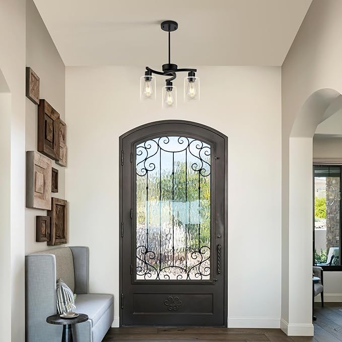 3 Light Modern Dining Chandeliers Over Table，Black Light Fixture for Dining Room，Farmhouse Chandelier with Glass Shade，Industrial Pendant Lighting for Kitchen Island，Foyer,Hallway, Bedroom-CasaMuseHome