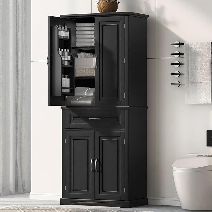72.2" Tall Storage Cabinet with 4 Doors and Drawer, Freestanding Linen Cabinet, Wooden Pantry with Adjustable Shelf for Kitchen, Bathroom, Living Room Black-CasaMuseHome