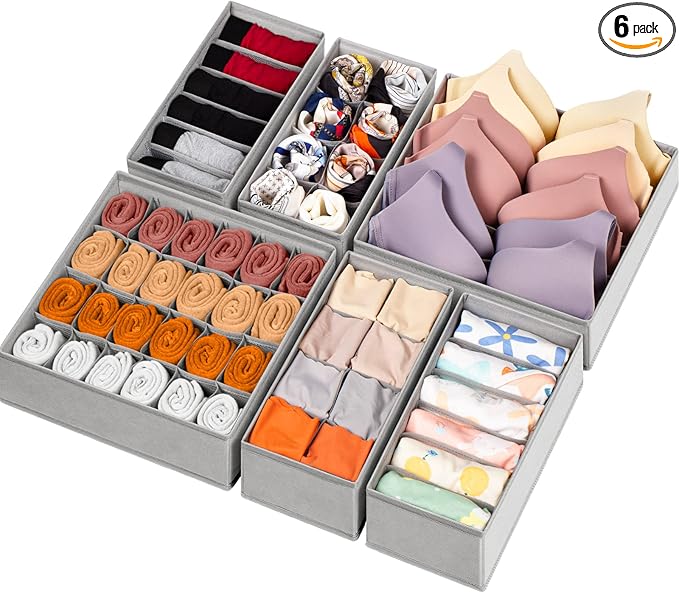 6 Pack Sock Underwear Drawer Organizer Dividers, 58 Cell Foldable Fabric Dresser Closet Organizers and Storage Bins for Clothing, Baby Clothes, Bra, Panty, Scarf, Ties (Grey)-CasaMuseHome