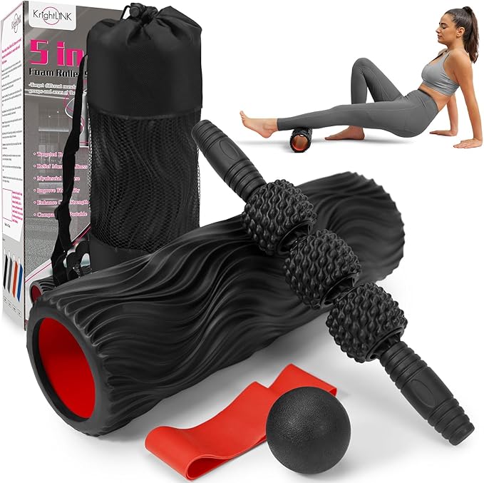 5-in-1 Foam Roller Set, Massage Roller Stick, Massage Ball, Resistance Band for Deep Muscle Massage, Trigger Point Release, Pilates, Yoga (Black-Wave)-CasaMuseHome