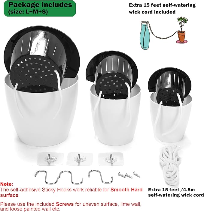 3 Pack Self Watering Wall Hanging Planter Pots Vertical Garden Window Hang Mount Indoor Outdoor Plant Flower Basket for Kitchen Herbs Balcony Railing Shelf Fence Bedroom Trellis Decor Modern White Box-CasaMuseHome